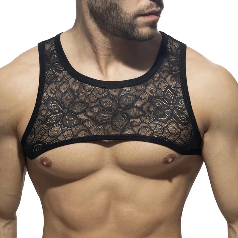 Sexy Mens Lace Chest Harness Lingerie See Through Sissy Slip Homme Crop Tops Exotic Chest Harness Tanks Nighclub Gay Costumes