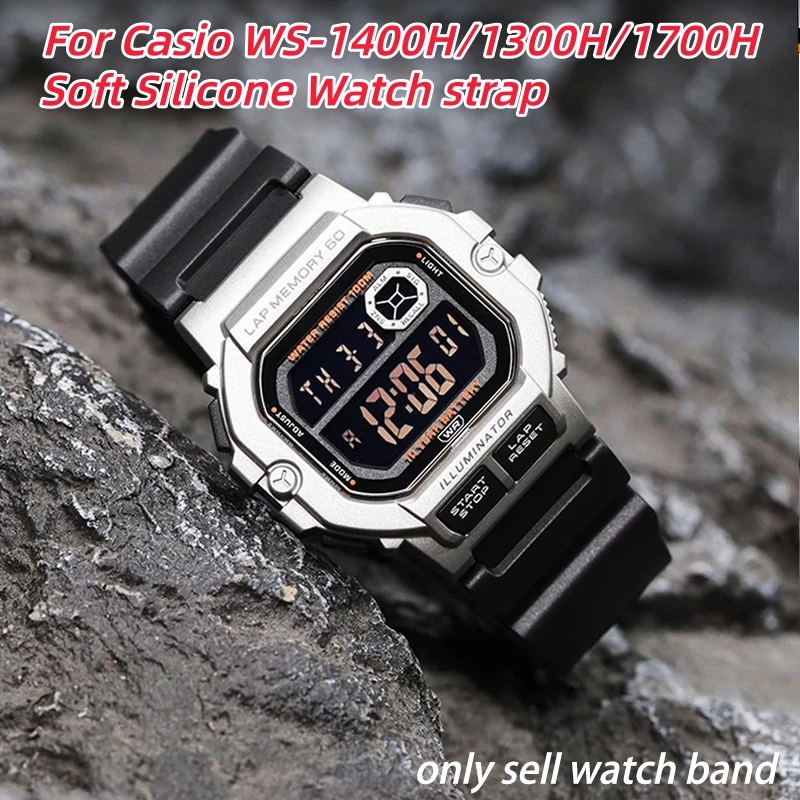 Bracelet de montre en résine souple pour Casio WS-1400H/1300H/WS-1700H/W-737H, petite série carrée, étanche, sport, en Silicone, pour hommes