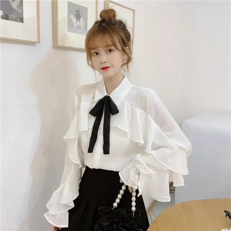 Autumn Bow White Ruffled Chiffon Long Sleeve Shirt Top Women\'s Clothing Blouse Women Blusas Ropa De Mujer