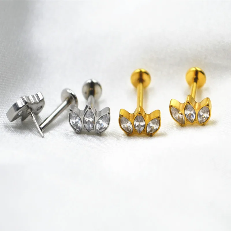 20pcs Body Jewelry 16G Push In Lip Morne Nose  Earrings Stud Crown 3 CZ  Gems Ear Cartilage Helix Tragus Piercing Body Jewelry