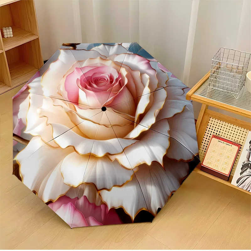 

White Rose Inspiration Umbrella Automatic One-button Opening and Closing Umbrella Suitable for Men and Women Portable Travel C