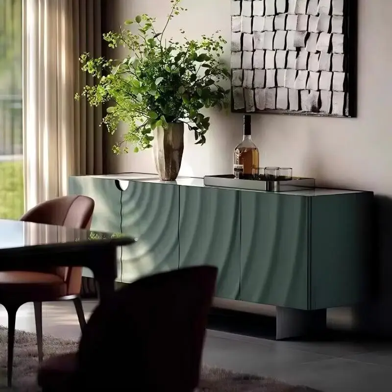 Green Ripple Texture Sideboard Buffet with LED Light, Marble Top Storage Cabinet, Modern Dining Room Console Table