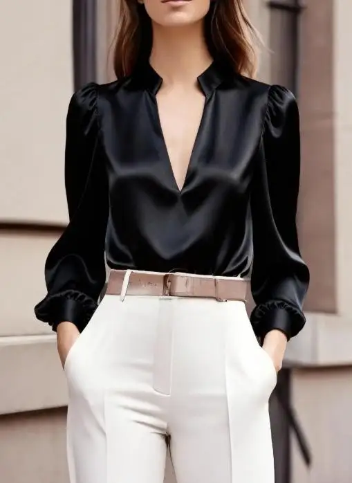 الخريف بلون العميق الخامس الرقبة سليم صالح فقاعة كم الراقية الساتان الشيفون قميص للنساء مزاجه الشيفون قميص #2