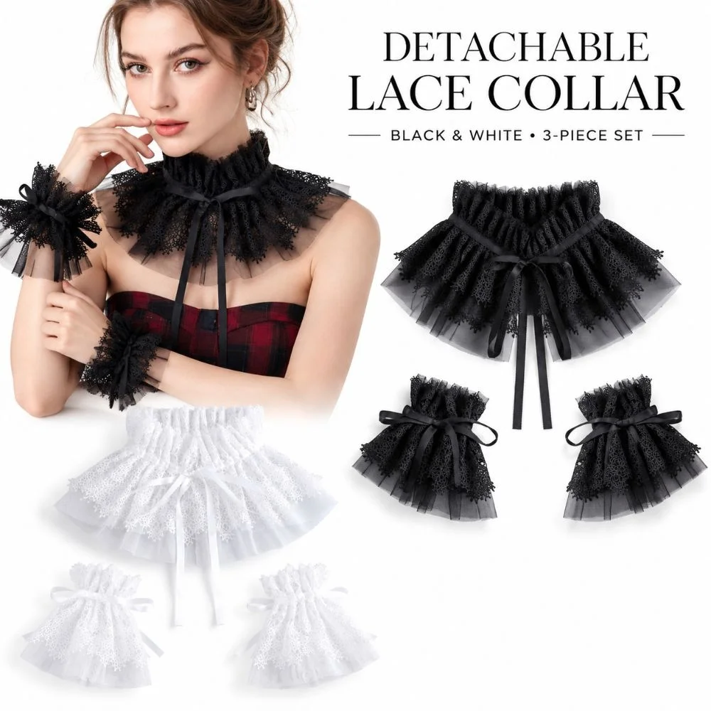 Removable Fake Collar Mesh Tulle Double Layer Detachable Mesh Lace Collar Ribbon Tie Floral Embroidery Sleeve Cuffs