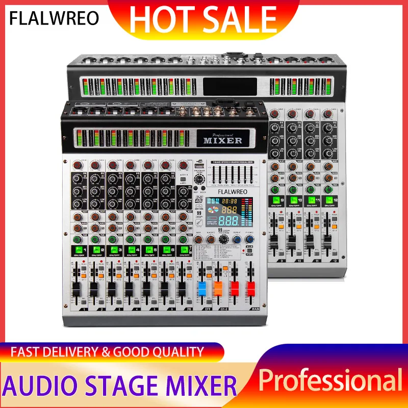 

FLALWREO 8 / 12Channel Audio Interfacer DJ Mixer Sound Board 99-Bit DSP Effect USB Audio Mixer Effects +48V Phantom Bluetooth fo