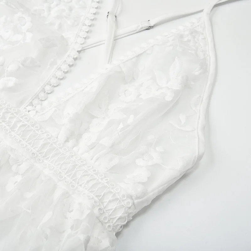 2025 Women Elegant Embroidery V Neck White Dress Summer Beach Slim Lace Dress Backless Casual A-line Sleeveless Sexy Dress image 5