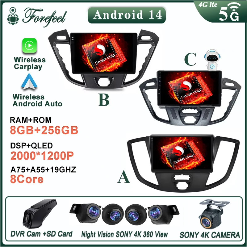 

Автомобильное радио Android 14 для Ford Tourneo Custom 1 I Transit 2012-2021 Стерео GPS Carplay 2Din Мультимедийный плеер Экран Головное устройство