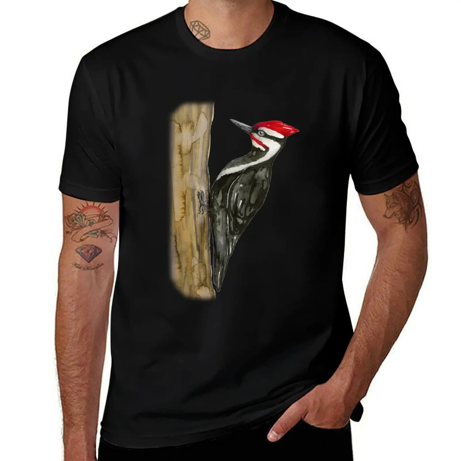 

Pileated woodpecker watercolor T-Shirt cotton tshirt 100% anime t shirts for man man t shirts cotton T-shirt