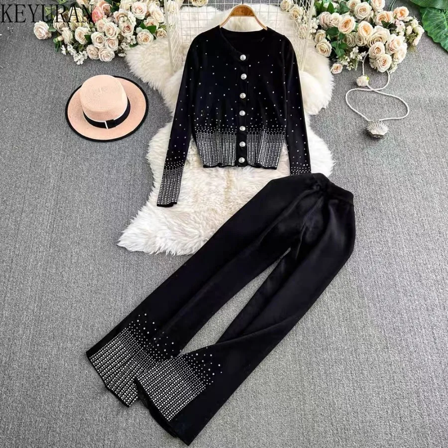 

2025 Autumn New Hot Diamonds Sweater Sets Women's Fashion Casual Knitted Cardigan and High Waisted Wide Leg Pants 2 Piece Suits