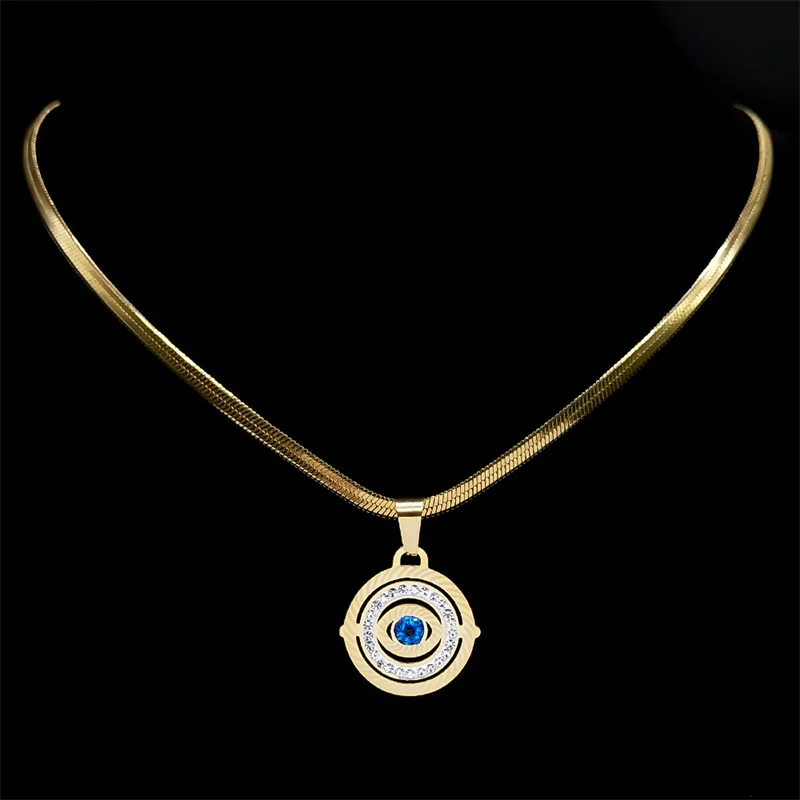 Vintage Blue Rhinestone Evil Eye Pendant Necklace Women Men Stainless Steel Gold Color Blade Chain Choker Hollow Amulet Jewelry