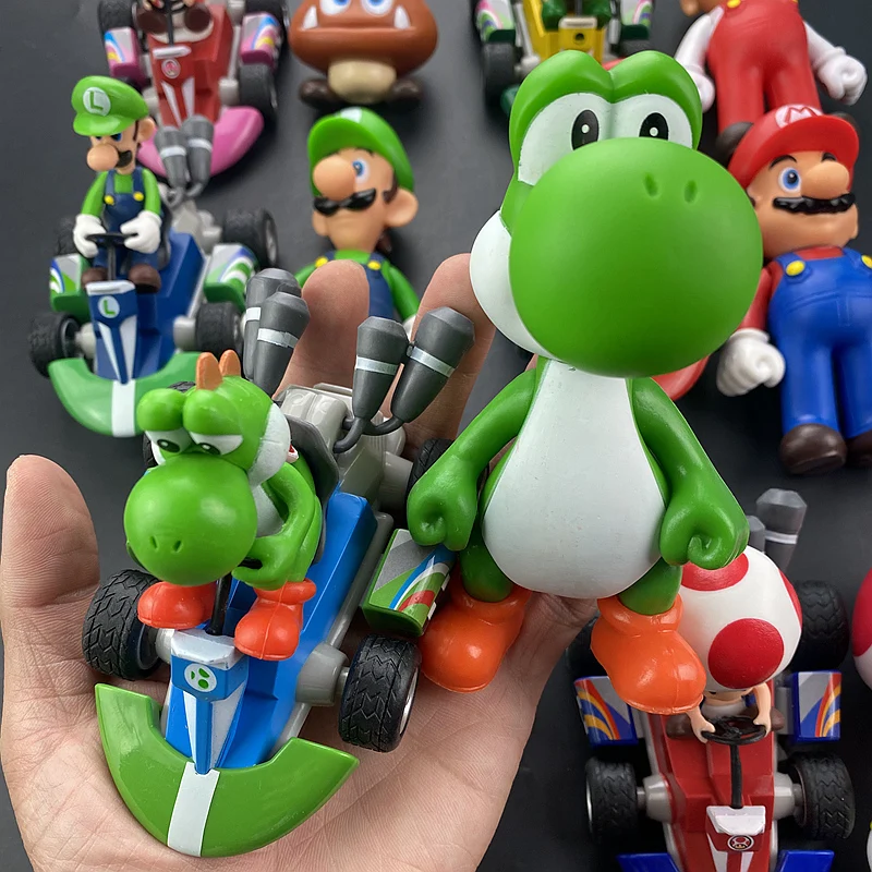 Super mario bros dos desenhos animados bonecas modelo anime figuras luigi yoshi mario puxar para trás carro modelo colecionável brinquedos para crianças presente de aniversário