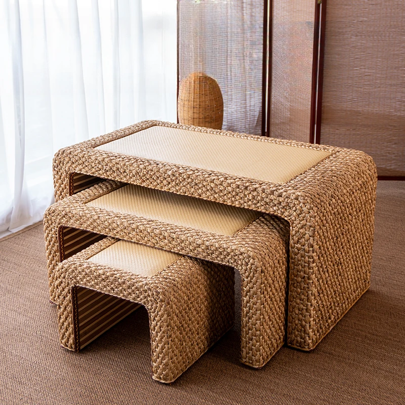 Rattan Weaving Tatami Tea Table Japanese Style Low Coffee Tables Compact Floor Desk for Living Room