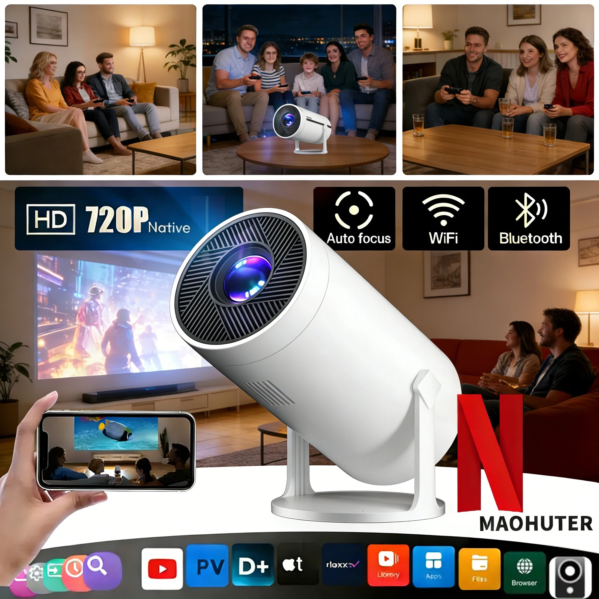 MAOHUTER HY300 New Projector 4K Android 11 Wifi6 290ANSI Allwinner H713 BT50 2048x1080dpi Cinema Outdoor Portable Projectors
