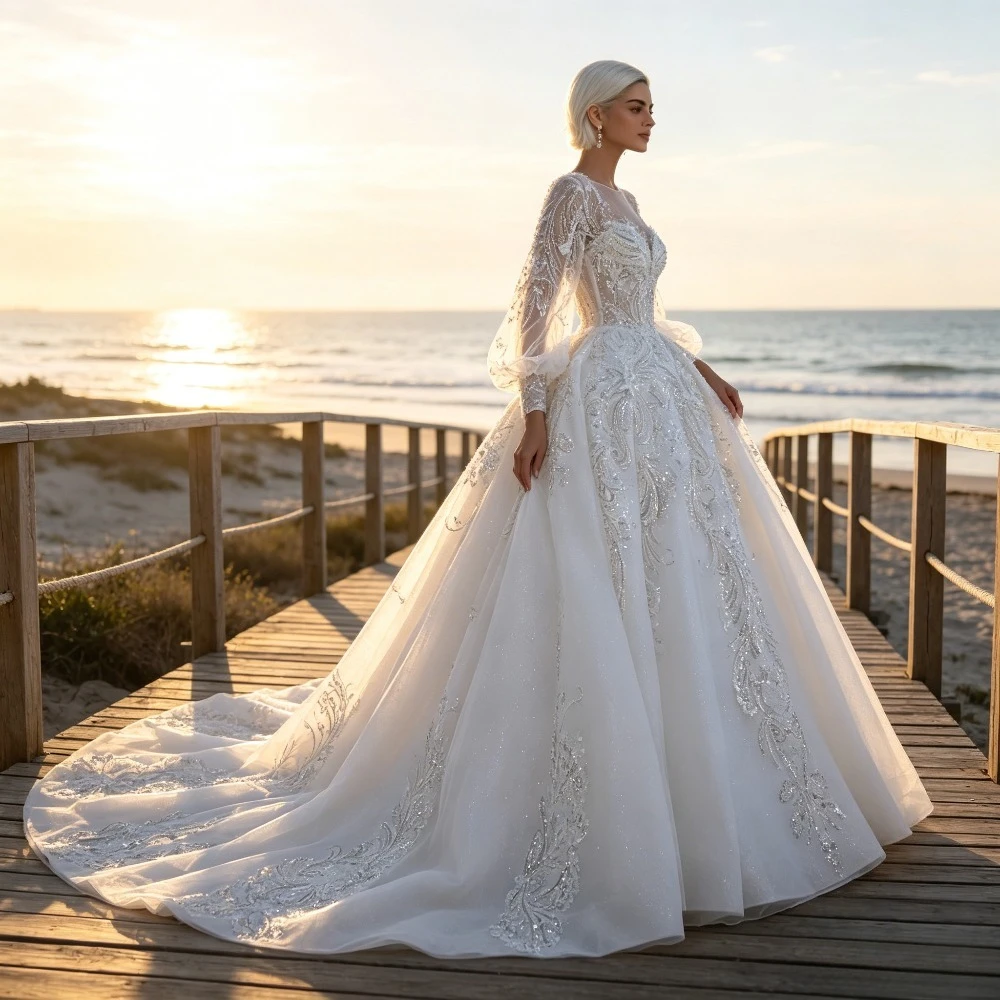 Customized Transparent Lantern Sleeve Wedding Dress 2026 New Luxury Heart Collar Fluffy Ruffle Bridal Dress Suitable for Parties