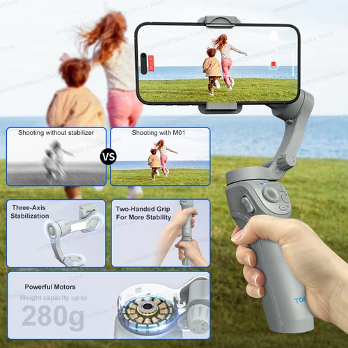 Imagen 2 del producto TOKQI M01 Estabilizador de Teléfono con Gimbal de Mano Antivibración de 3 Ejes, Soporte Plegable con Trípode y Luz de Relleno para Selfies, Ideal para Vlogging y Grabación de Videos TikTok en iPhone y Android