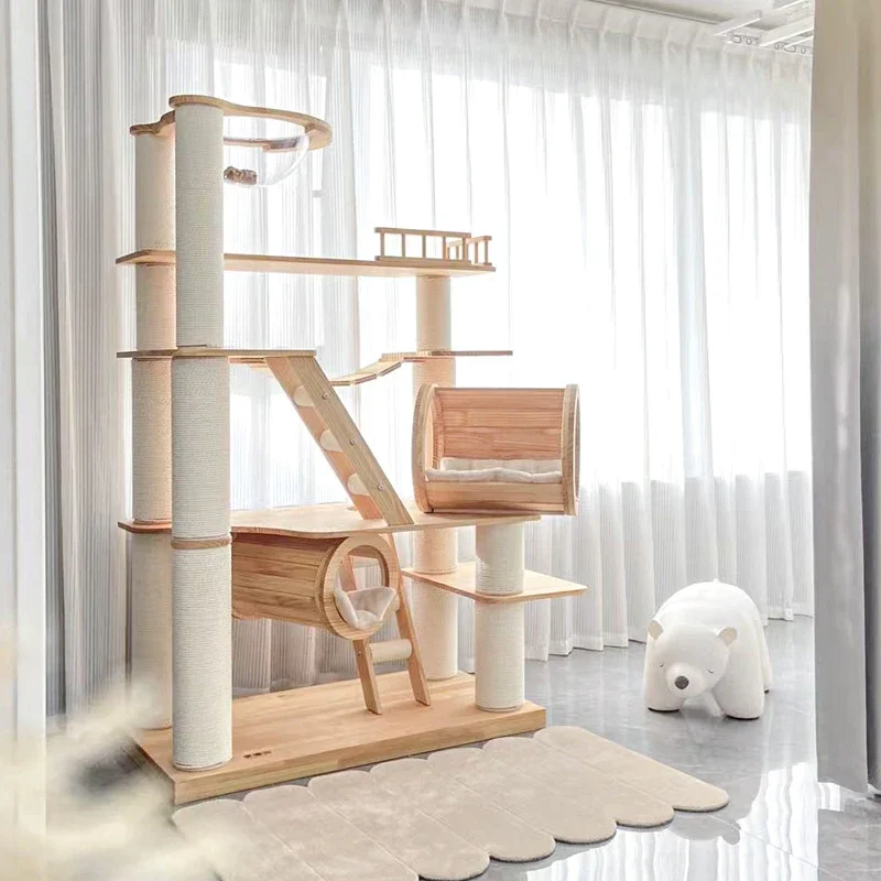 Indoor Wooden Pet Cat Scratching Post Jumping Platform Cat Tree Sisal Multiple ladders Climbing Frame with Space Capsule