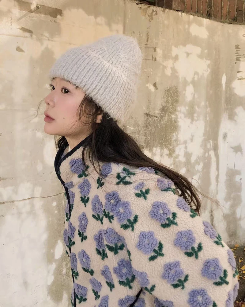 Herbst Winter Koreanische Chic Stil Floral Muster drucken Woolen Jacke frauen Casual Lose Lamm Pelz Koreanischen Stil Warme mantel weibliche