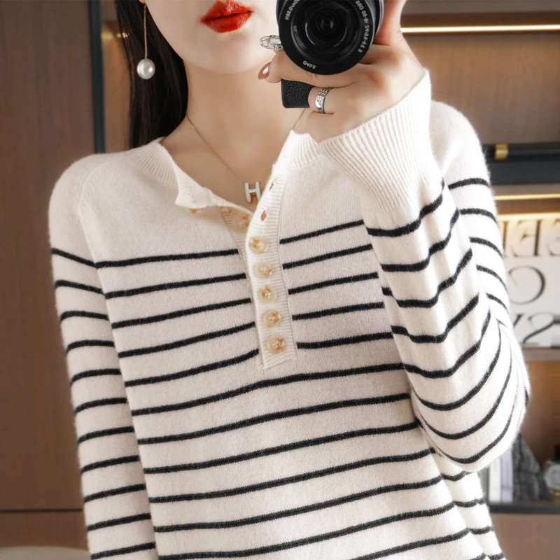 Spring And Autumn Women's Striped Two-Color Sweater Long Sleeve V-Neck New 100% Cotton Pullover Sweater For Women - SMY258