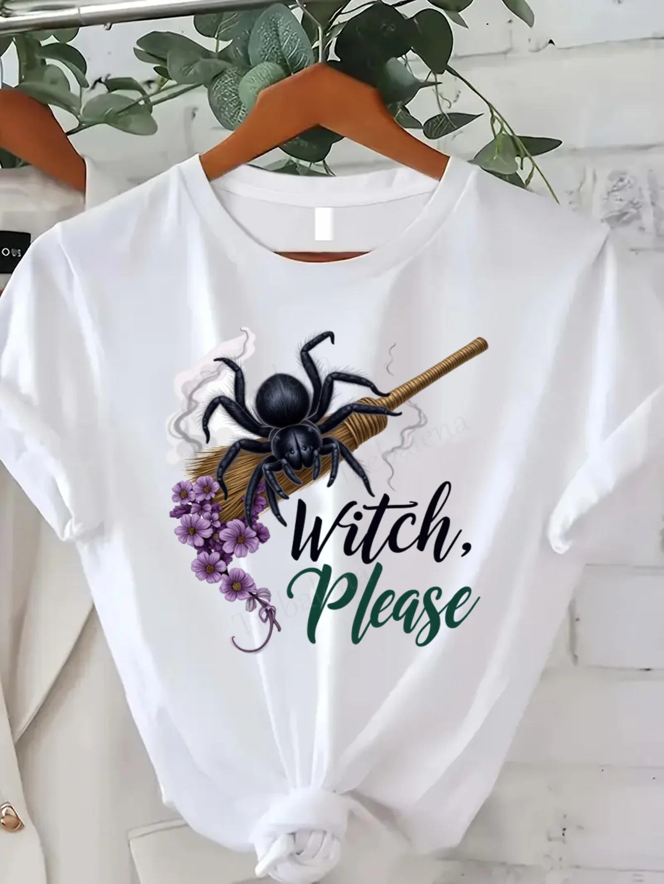 جولة الرقبة تي شيرت الساحرة يرجى مكنسة العنكبوت الأزهار تي شيرت المرأة زائد حجم هالوين أعلى قصيرة الأكمام المحملة أزياء عارضة أعلى
