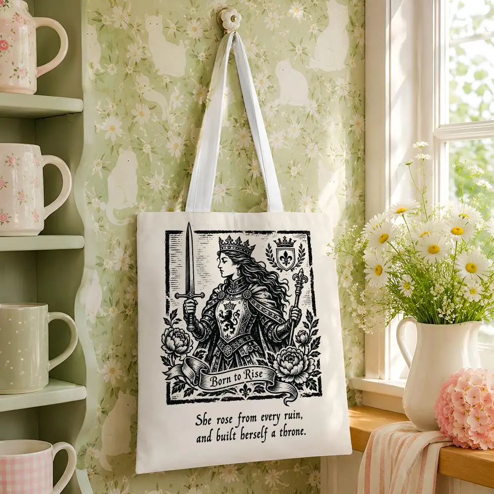Warrior Maiden Woodcuts Storage Bags Reusable Canvas Tote Large Capacity Shoulder Carry For Shopping Travel Work School