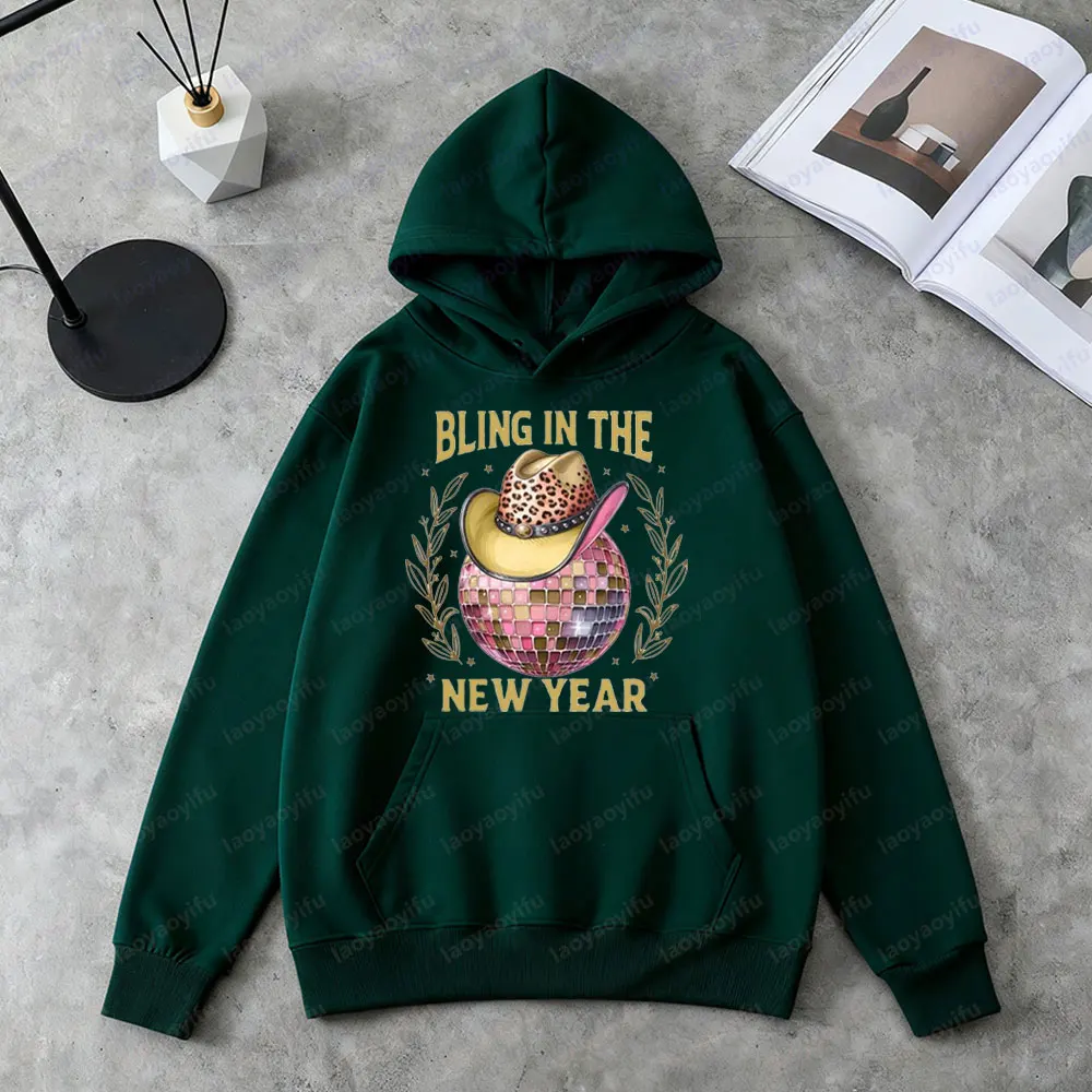 بلينغ في السنة الجديدة البلوز الوردي ديسكو الكرة السنة الجديدة هوديس الغربية راعية البقر قبعة هوديي المرأة موضة عطلة الشارع الشهير