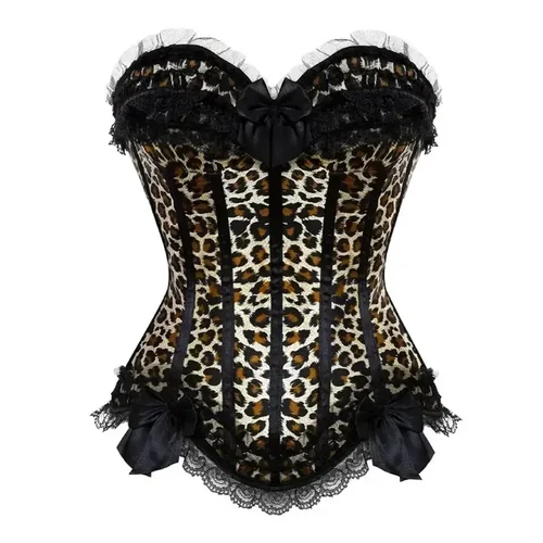 Corsé Sexy de satén con estampado de leopardo para mujer, Top de encaje con lazo, ropa de discoteca decorada, moldeador de cuerpo de talla grande