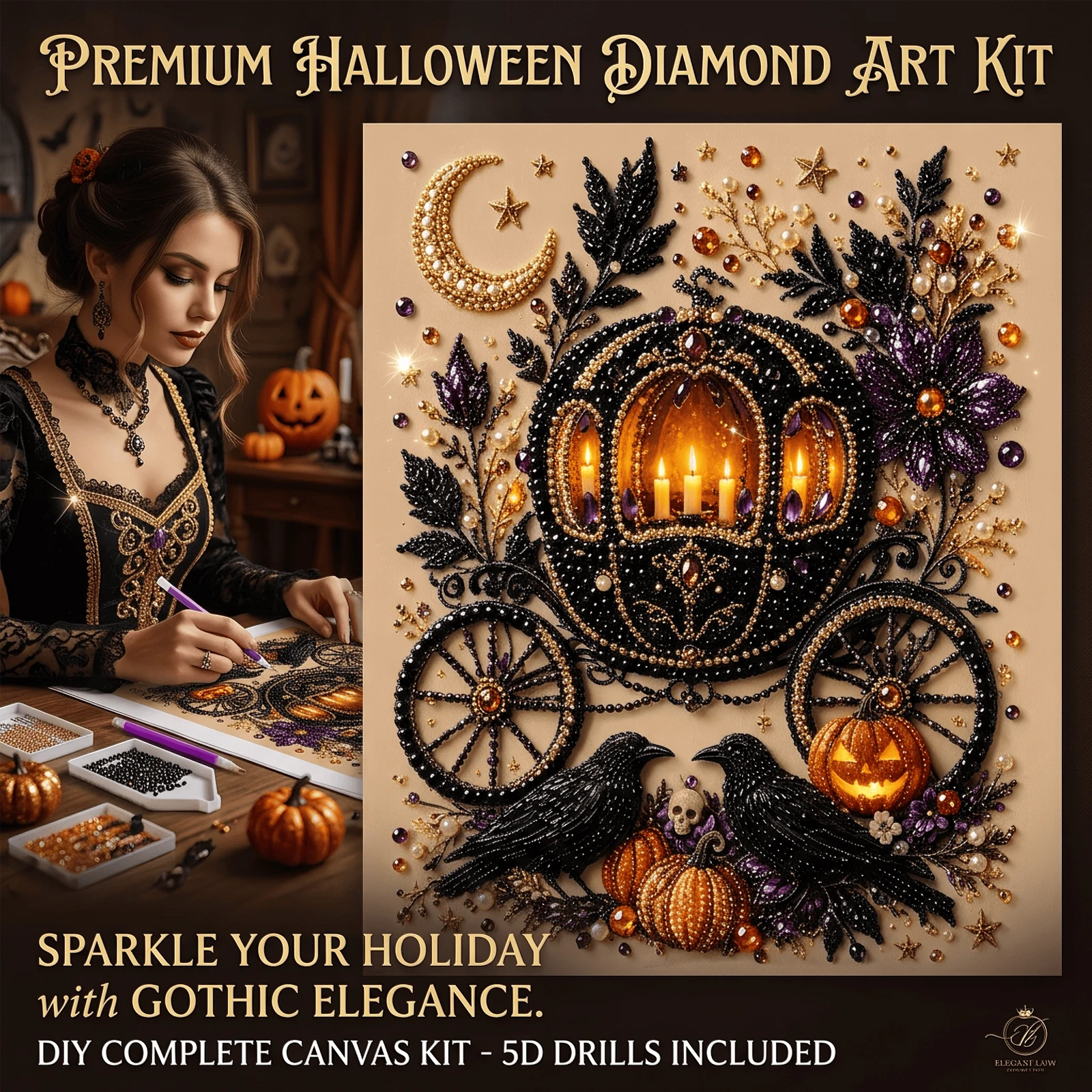 Dowmoo Leinwand Halloween Diamant-Kunst-Set Nano Perlglanz-Stoff Holz Acryl Glänzend Weich Robust Stressabbau Lebendiges Bastelset – Detail 2