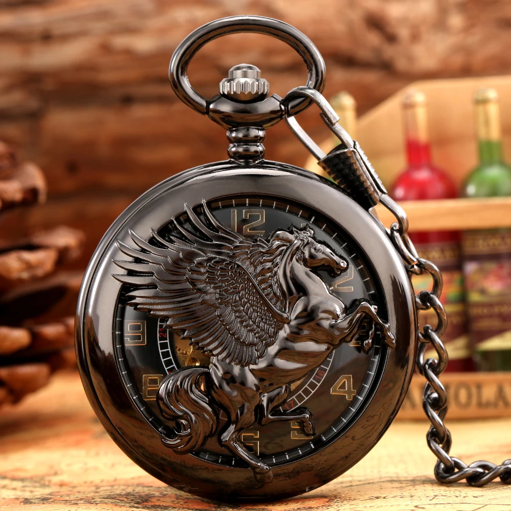 Vintage Mechanical Pocket Watch Horse Flying Half Hunter Design Arabic Numerals Dial Black/Bronze Pocket Chain Men's Clock Gift