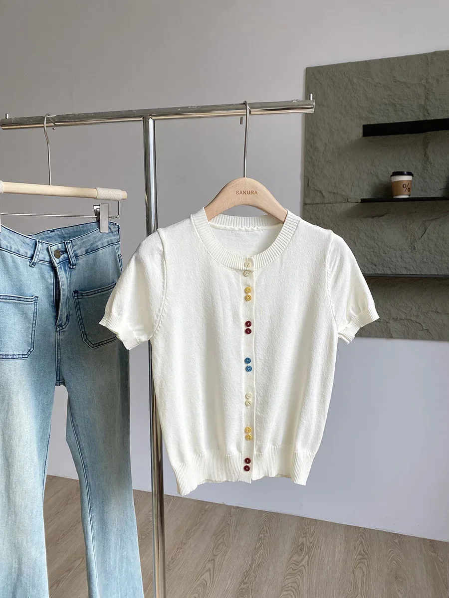 Summer Short Sleeve Thin Tshirts Women Pastel Colored Button Knitted T-Shirts Teen-girl Stretch Fitted Tees Y2K Clothing