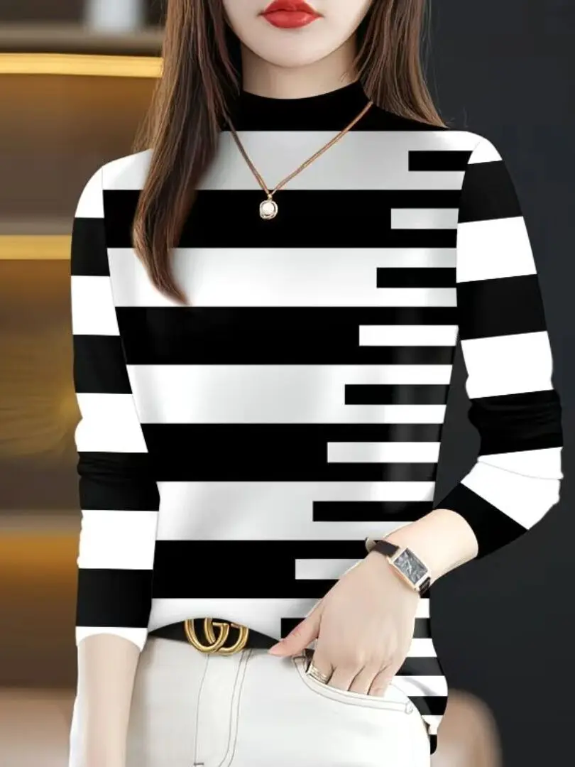 Fashionable Long Sleeve Printed T-Shirt Women's Casual Style High Neck Top Trendy Spring 2026 Garment from China for Ladies