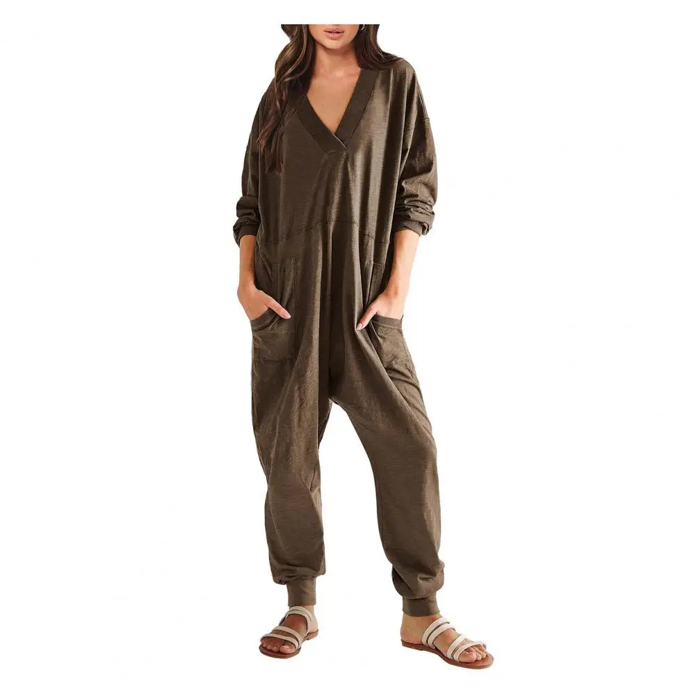 Women Jumpsuit V Neck Long Sleeve Loose Oversized Pockets Deep Crotch Baggy Ankle-banded Soft Lady Pajama