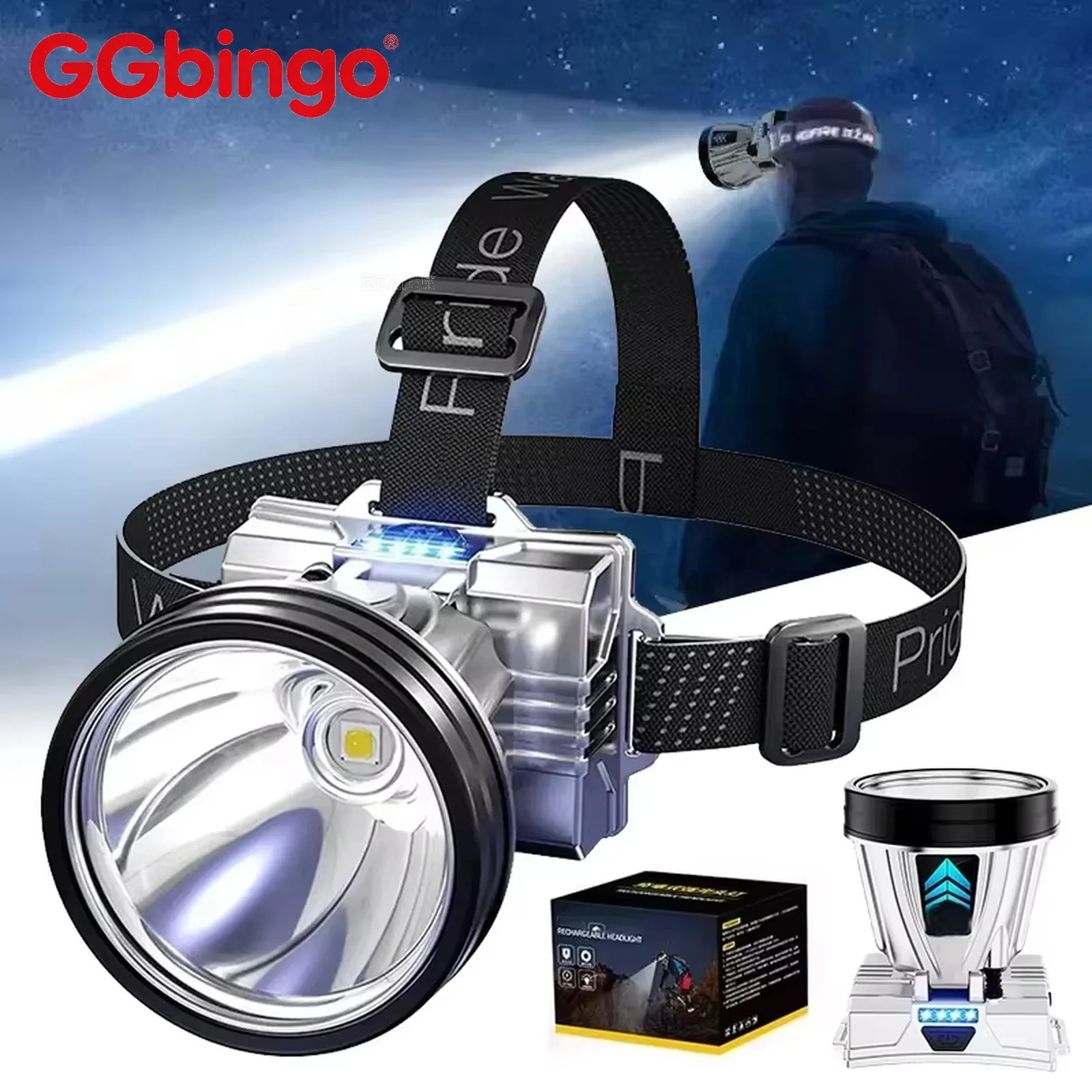 GGbingo 12000mAh Super Bright Rechargeable Headlight High Power Headlamp Waterproof Emergency Fishing Camping Head Flashlight