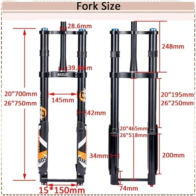 BUCKLOS Double Shoulder Mountain Electric Bike Fork 20/26inch Bicycle Air Suspension Fork Shock Absorbing MTB Downhill Forks