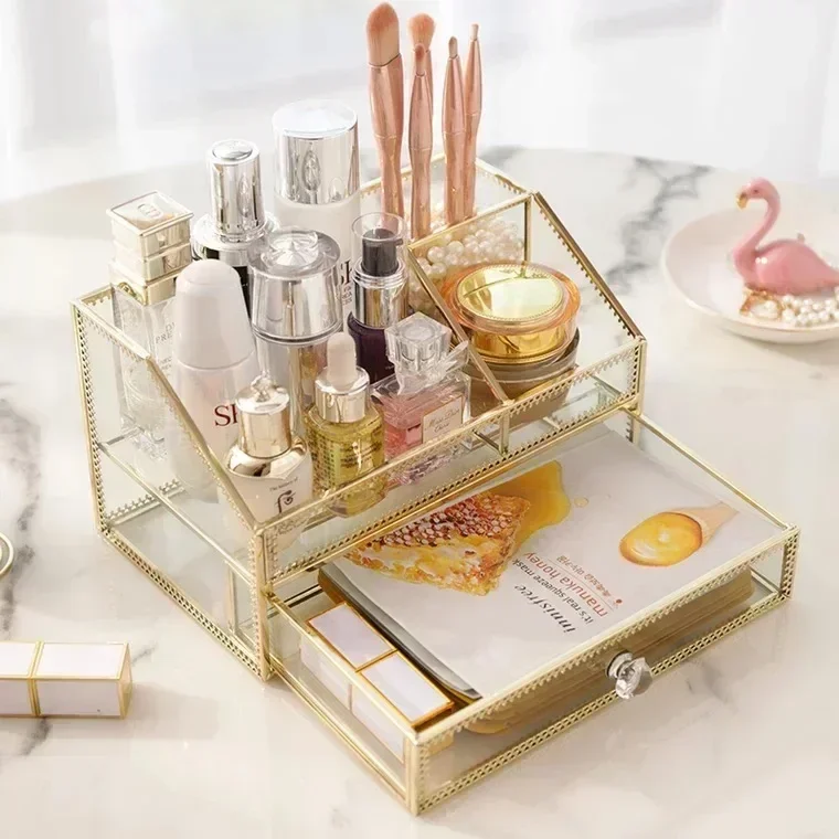 Makeup Bathroom Display Tools For Glass Cosmetic Up Pads Golden Box Storage Jewelry Perfume Organizer Cotton Make Rack