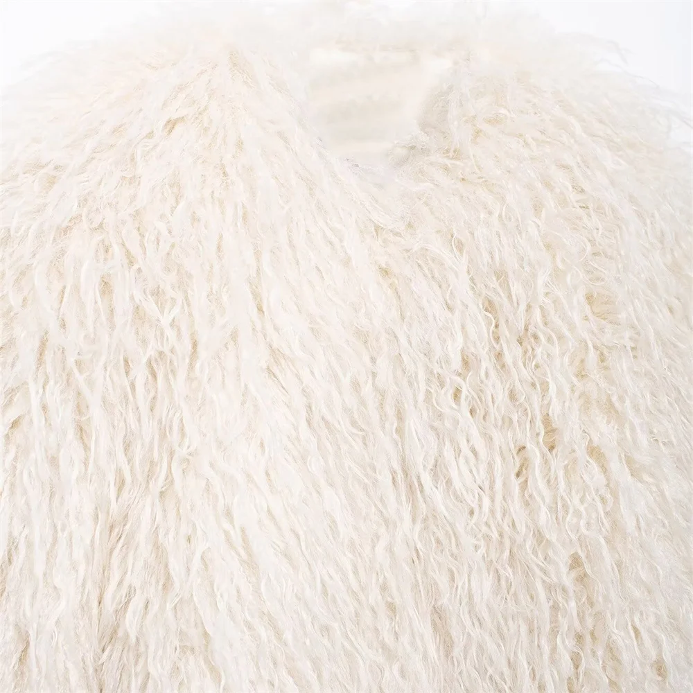 レトロなルーズカジュアル無地ファーコート 秋冬新作 ラウンドネック長袖暖かいショートコート レディース