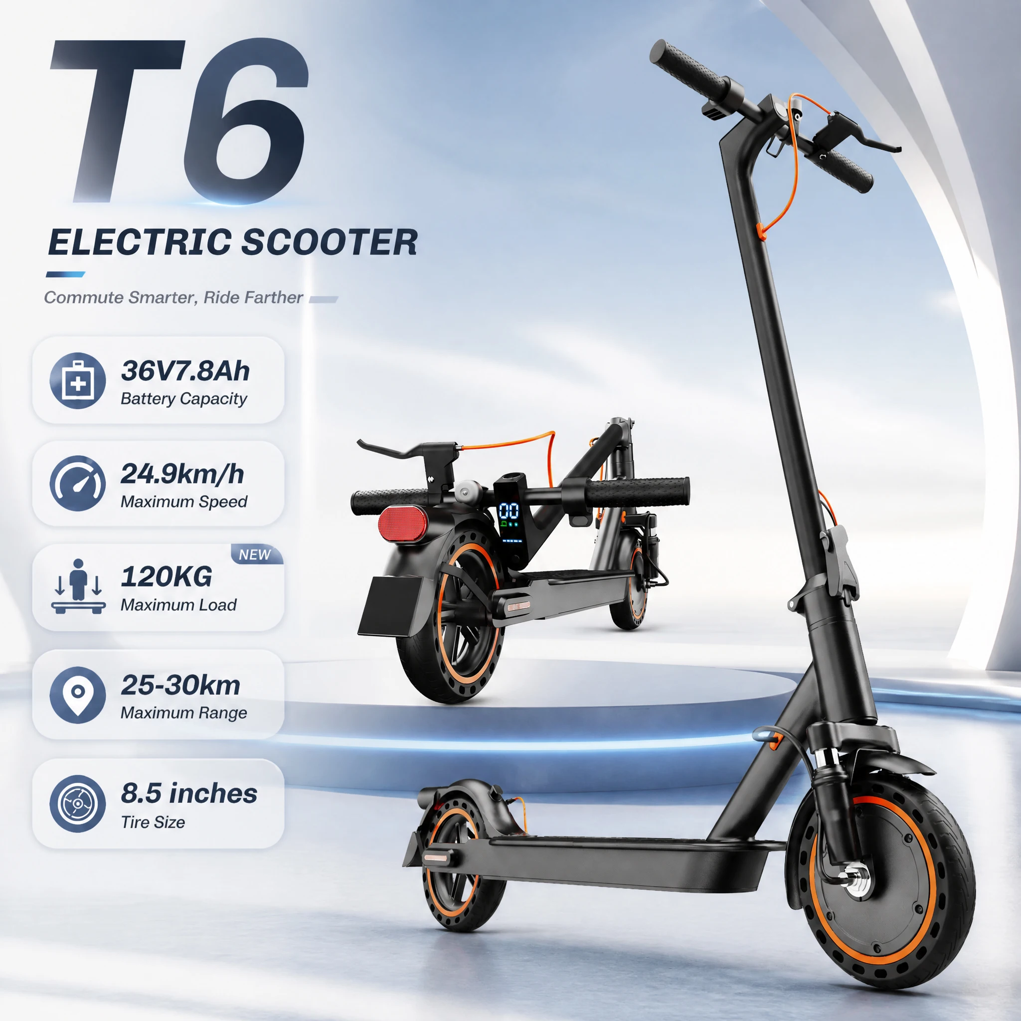 TODIMART T6 Monopattino Elettrico Batteria 36V 7.8Ah Autonomia 25KM Ricarica 3-4H Monopattini Elettrici Pieghevoli per Adulti con Doppi Freni Sospensione Anteriore a Molla 3 Modalità di Velocità