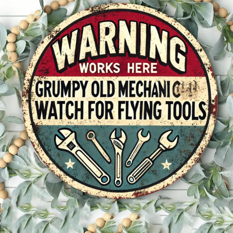 1pc Grumpy Old Mechanic Warning Sign - Vintage Style Iron Wall Decor, 8x8 inches, Waterproof & Dustproof, Ideal for Home, Bar, G