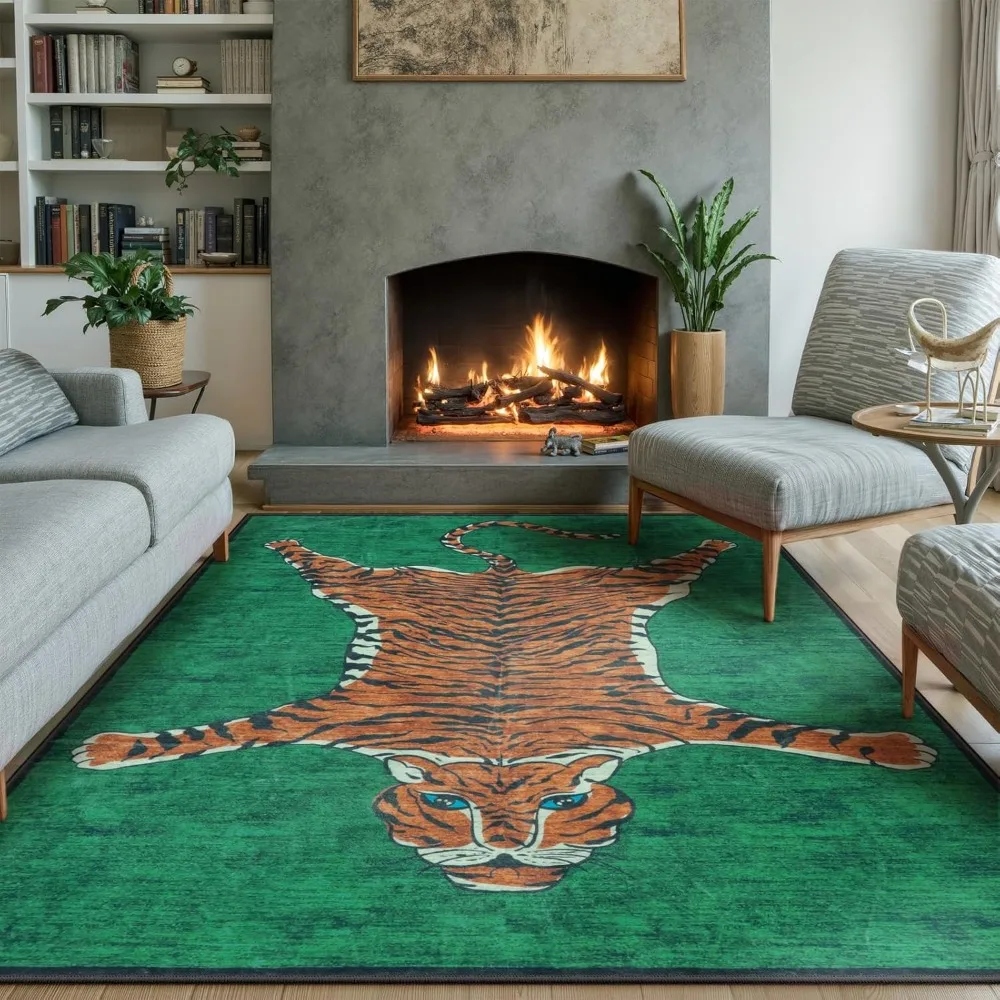 سجادة نمر البحر مقاس 5 × 7 سجاد منطقة لغرفة المعيشة كومة منخفضة رقيقة مطبوعة على شكل حيوانات سجاد أخضر لغرفة النوم سجاد جمالي قابل للغسل