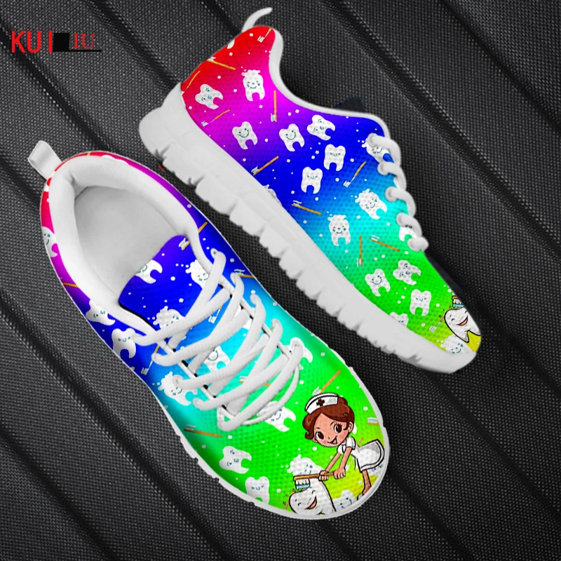 KUILIU Designer Nurse Dentist Shoes Casual Women Flat Sneakers Rainbow Gradient Funny Teeth Dental Female Lace Up Footwear