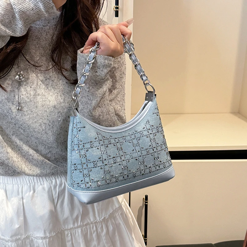 

High-end diamond-set bucket bag 2025 new fashionable and fashionable denim shoulder bag niche versatile crossbody bag