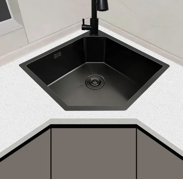 Black gold steel nano handmade corner sink, kitchen corner washbasin, irregular shaped sink