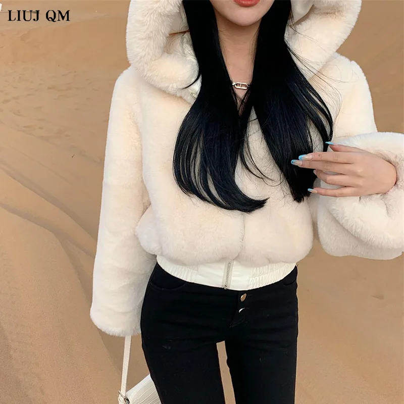 Faux Fur Coat Women 2023 Winter Clothing New Fashion Mink Fur Short Parka Furry Horn Buckle Hooded Faux Jacket Female Large Size