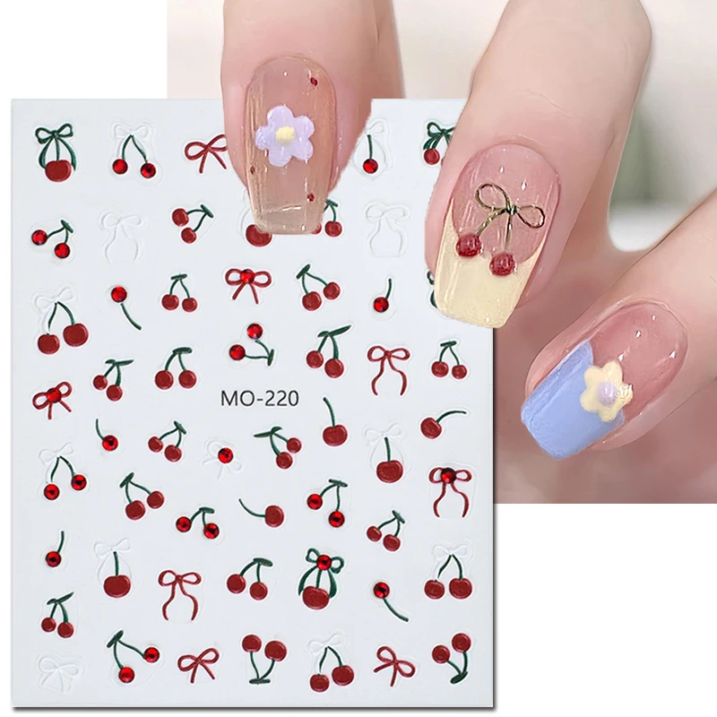 

5d Embossed Nail Art Stickers Red Diamonds Jelly Cherry Adhesive Sliders Decals Decorations For Nail Tips Manicures