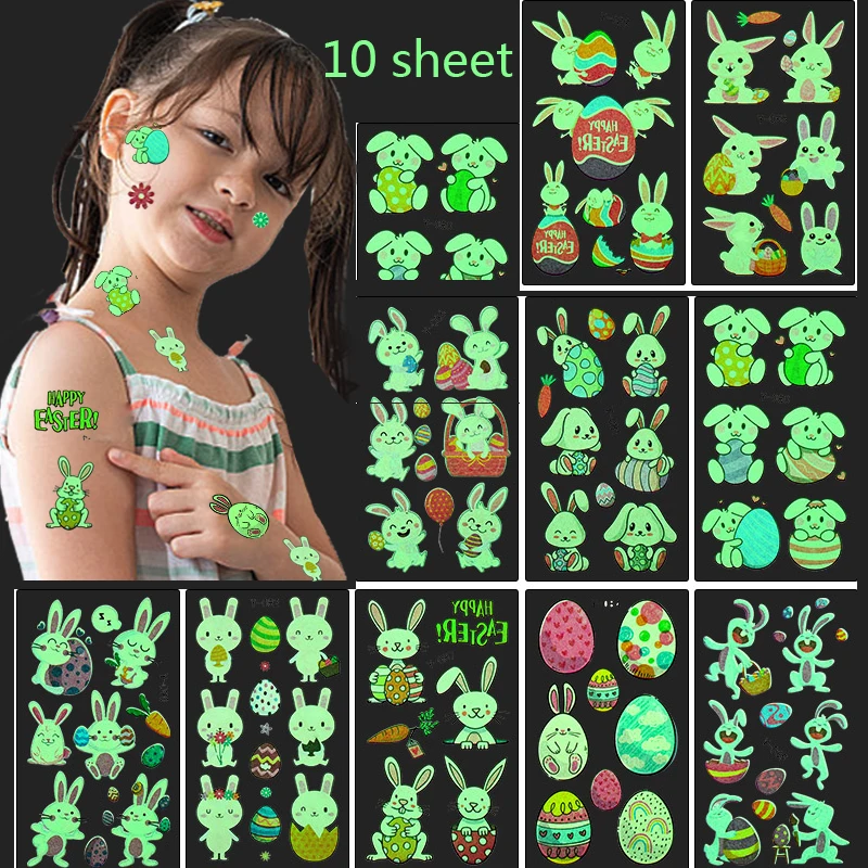 10sheet Happy Easter Luminous Tattoo Stickers Cartoon Rabbit Bunny Egg Glow In The Dark Temporary Tattoo Easter Party Decoration