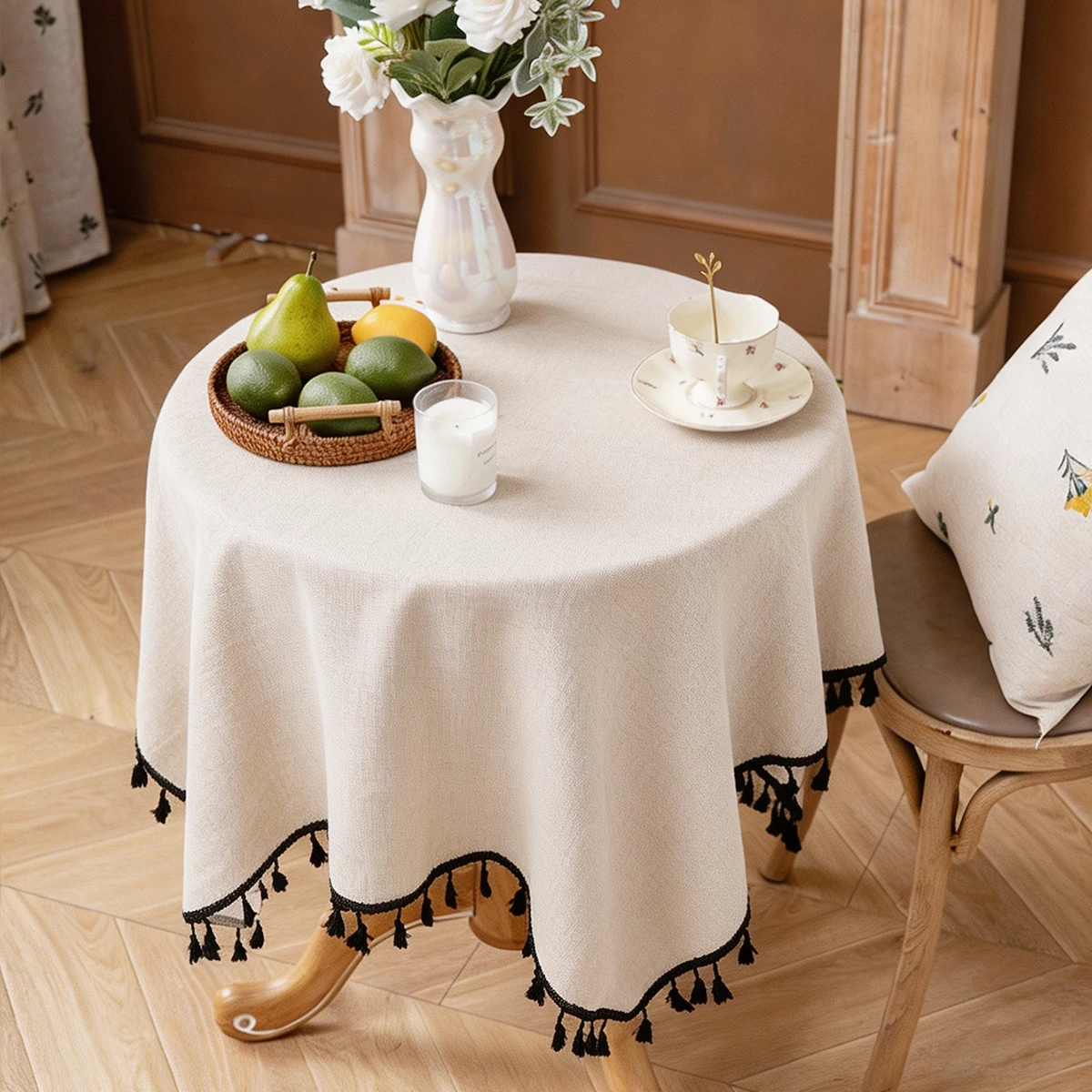 1pc French black fringed tablecloth, suitable for outdoor courtyard living room dining room desk picnic party decoration.