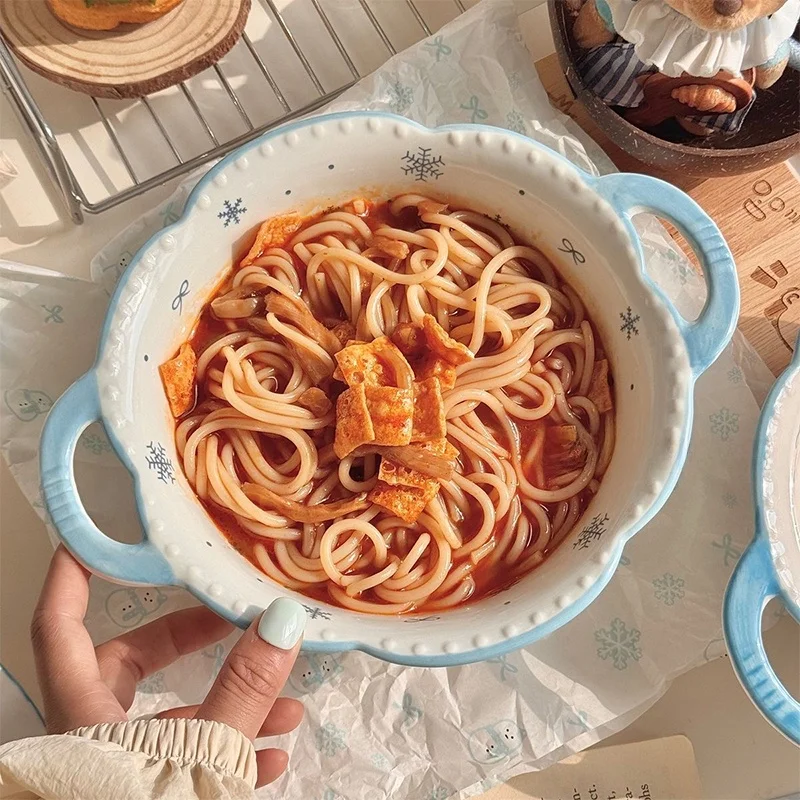 

High Aesthetic Value Cerc Bowl Large Capaci Double Ear Soup Bowl for Home Use Student Dormi Rice Noodles Serving Bowl