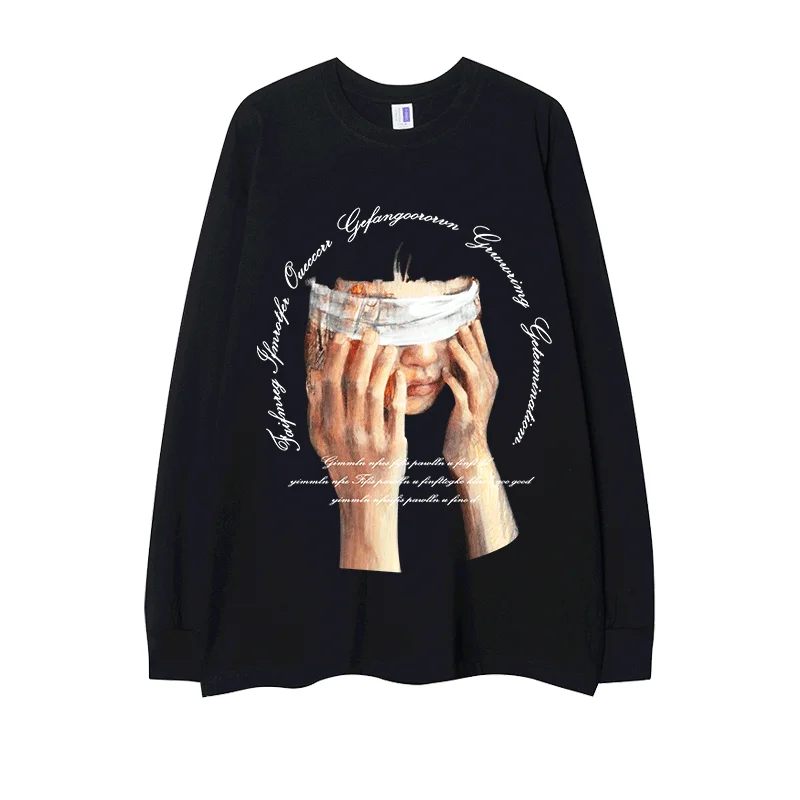 Spring Autumn American Style Men's Retro Girl Print Black Long Sleeve Top Couple High Street Loose Casual White Velvet T-Shirt