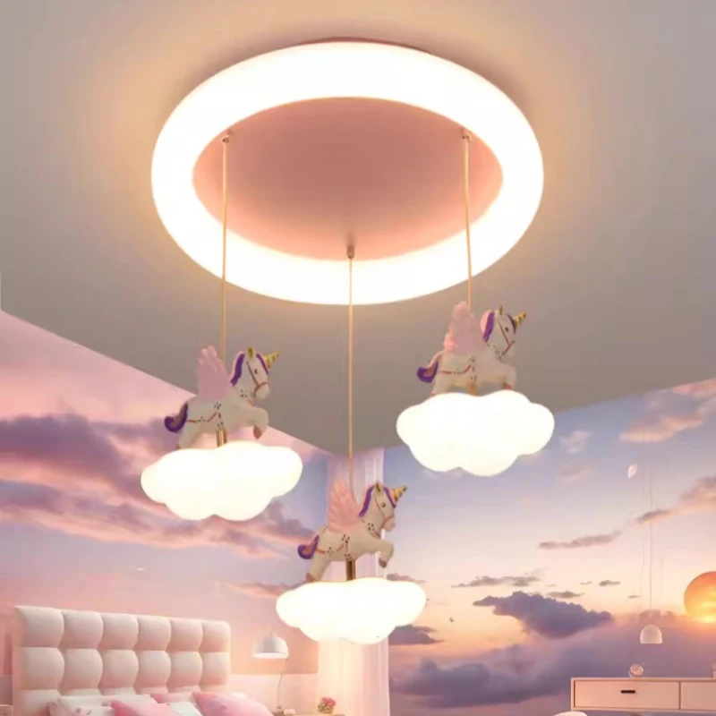 Warm Romantic Princess Room Chandelier Cute Cloud Unicorn Lamp LED Modern Nursery Little Girl Bedroom Children\'s Room Chandelier