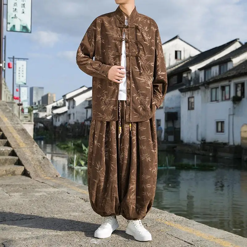 

Suit Men Chinese Style Sweatshirt Trousers New Chinese Style Stand Collar Improved Top Retro Style Wide Leg Pants with Pockets