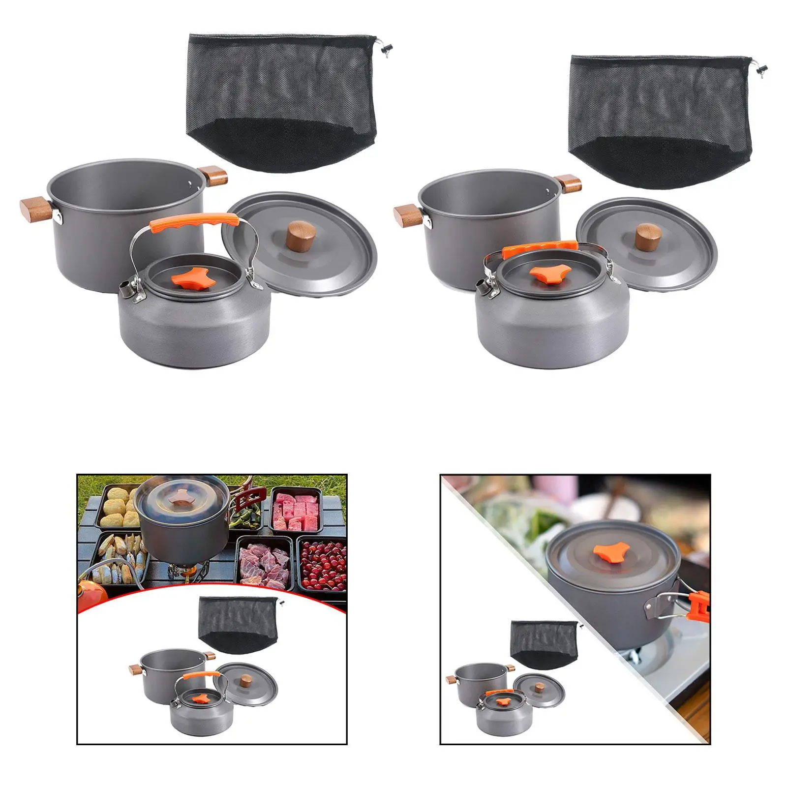 

Camping Cookware Stockpot Portable Tableware with Wooden Handle with Storage Bag